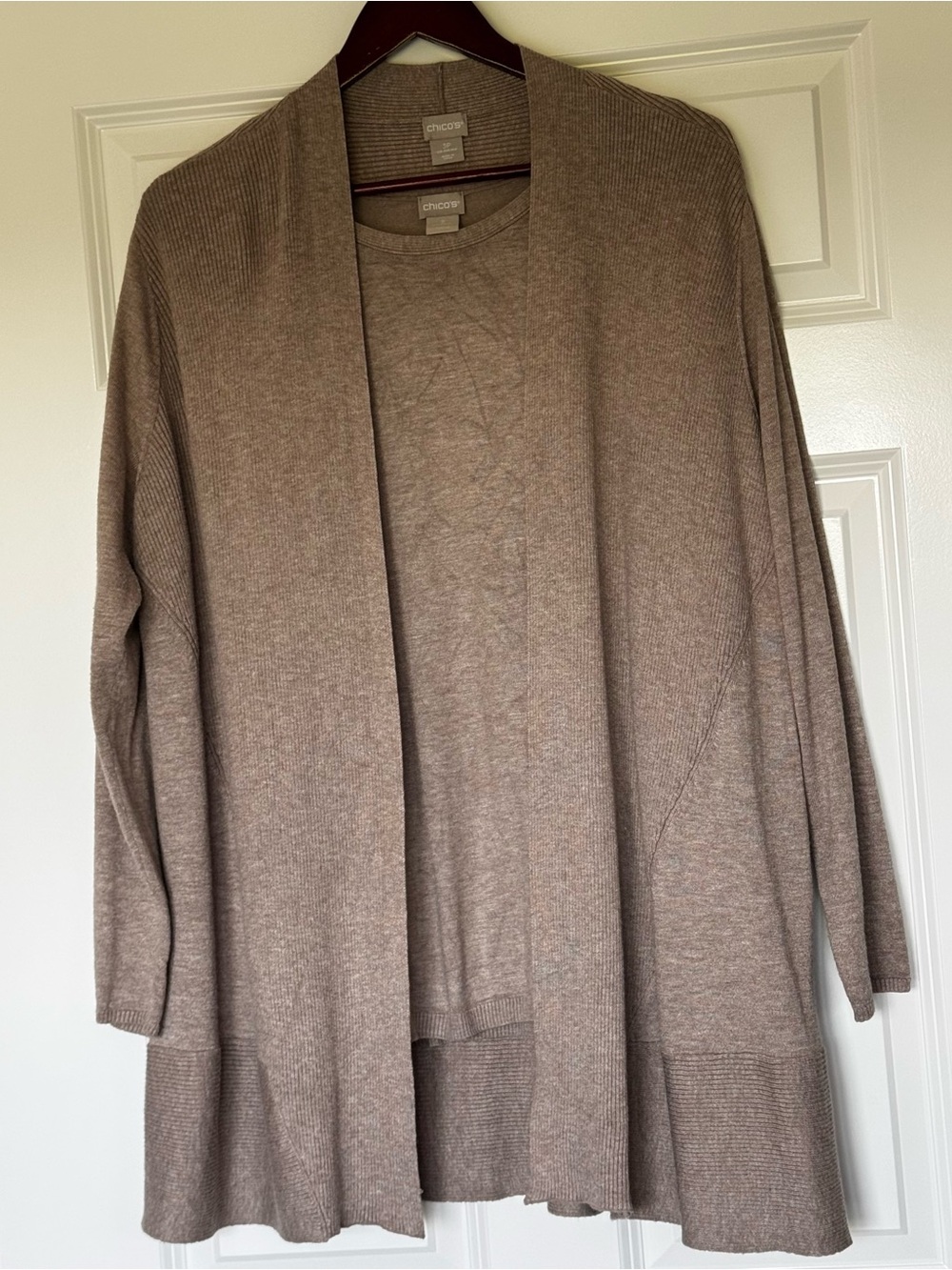 Two pieces set Chico's Open-Front Women's Sweater Cardigan and tank top in Taupe